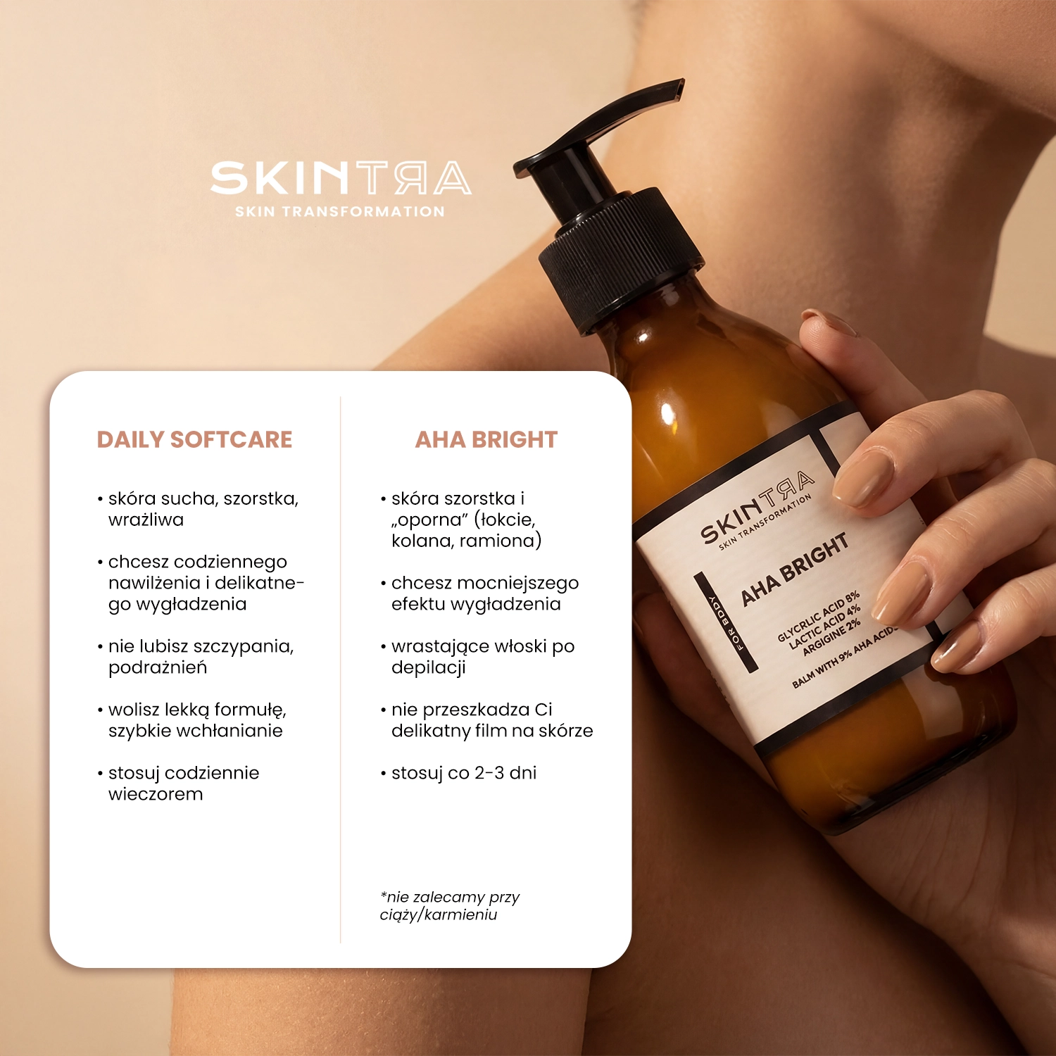 Porównanie balsamu SkinTra Daily Softcare i blasamu SkinTra AHA Bright