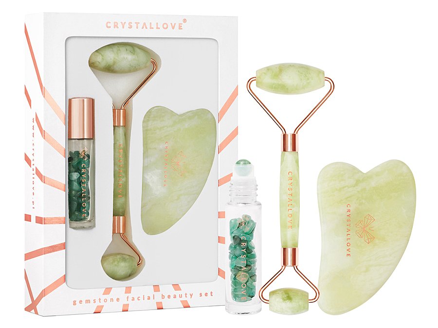 Crystallove - Jade Beauty Set: Roller do Twarzy + Płytka Gua Sha + Buteleczka Roll-on