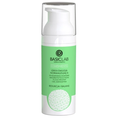 BasicLab - Lekka Emulsja Normalizująca 3% Kompleksu Komórek Macierzystych z Noni, 1% Glicyryzyny, CBD i Adenozyna - 50ml OUTLET
