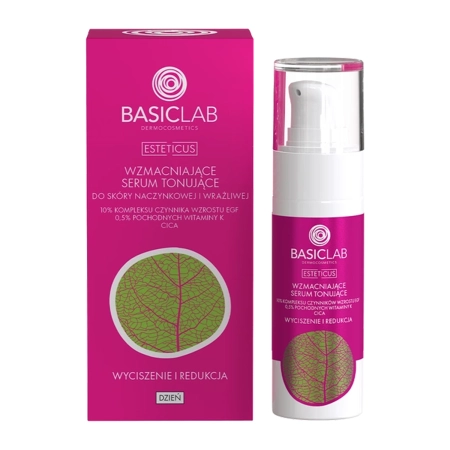 BasicLab - Esteticus - Wzmacniające Serum Tonujące do Skóry Naczynkowej i Wrażliwej 10% Kompleksu Czynnika Wzrostu EGF, 0,5% Pochodnych wit. K, CICA - 30ml