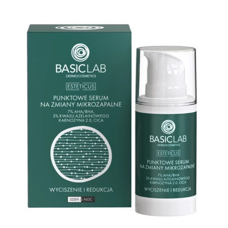 BasicLab - Wyciszenie i Redukcja - Serum Punktowe na Zmiany Mikrozapalne z 7% AHA/BHA, 3% Kwasu Azelainowego i Laktoferyną - 15ml