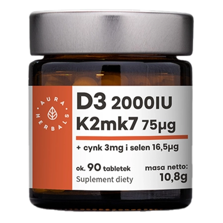Aura Herbals - Witamina D3 2000 IU + K2 + Cynk + Selen - Tabletki - 90szt