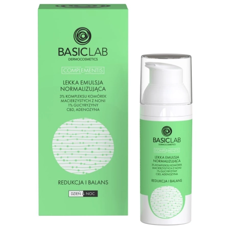 BasicLab - Lekka Emulsja Normalizująca 3% Kompleksu Komórek Macierzystych z Noni, 1% Glicyryzyny, CBD i Adenozyna - 50ml OUTLET