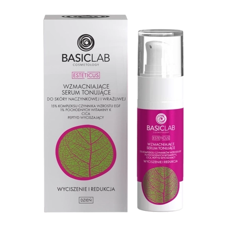 BasicLab - Esteticus - Wzmacniające Serum Tonujące do Skóry Naczynkowej i Wrażliwej 15% Kompleksu Czynnika Wzrostu EGF, 1% Pochodnych wit. K, CICA - 30ml