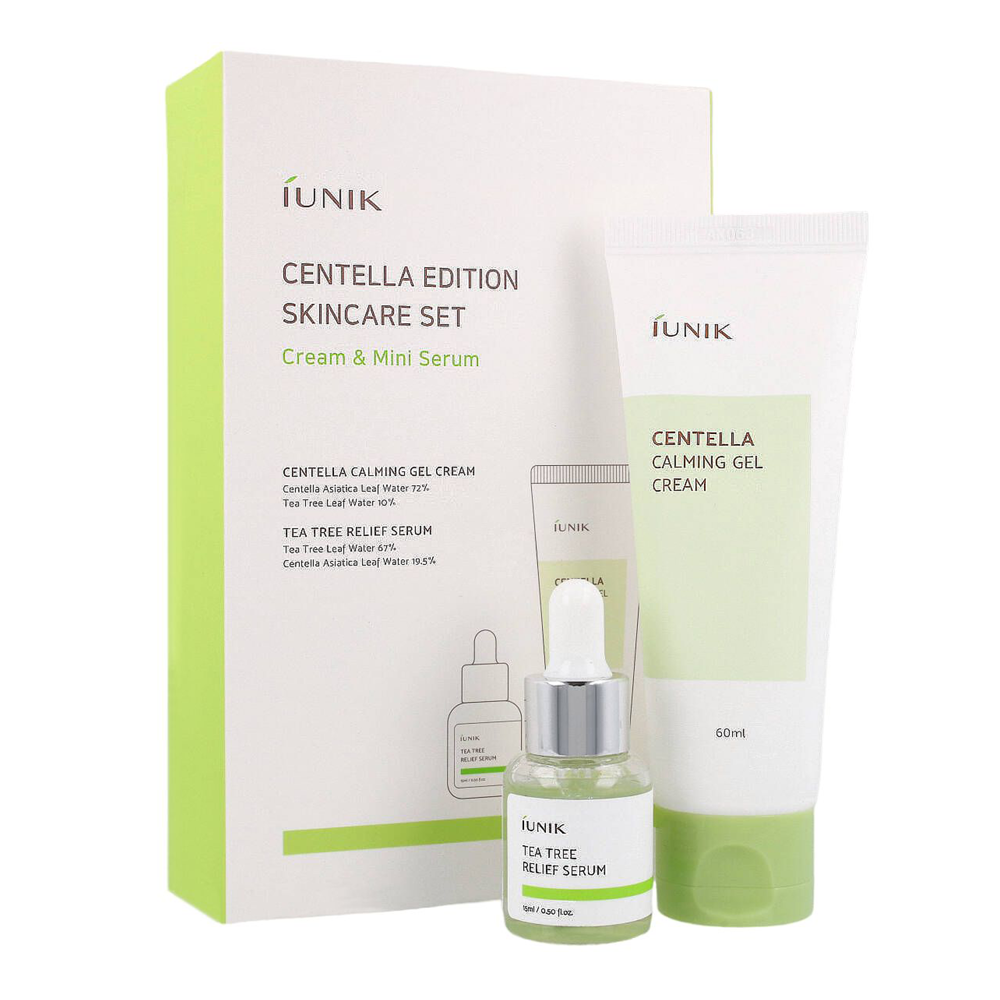 iUNIK - Centella Edition Skincare Set - Zestaw Kojący Żel - Krem z Wąkrotą Azjatycką 60ml i Serum dla Cery Problematycznej z Wodą z Drzewa Herbacianego 